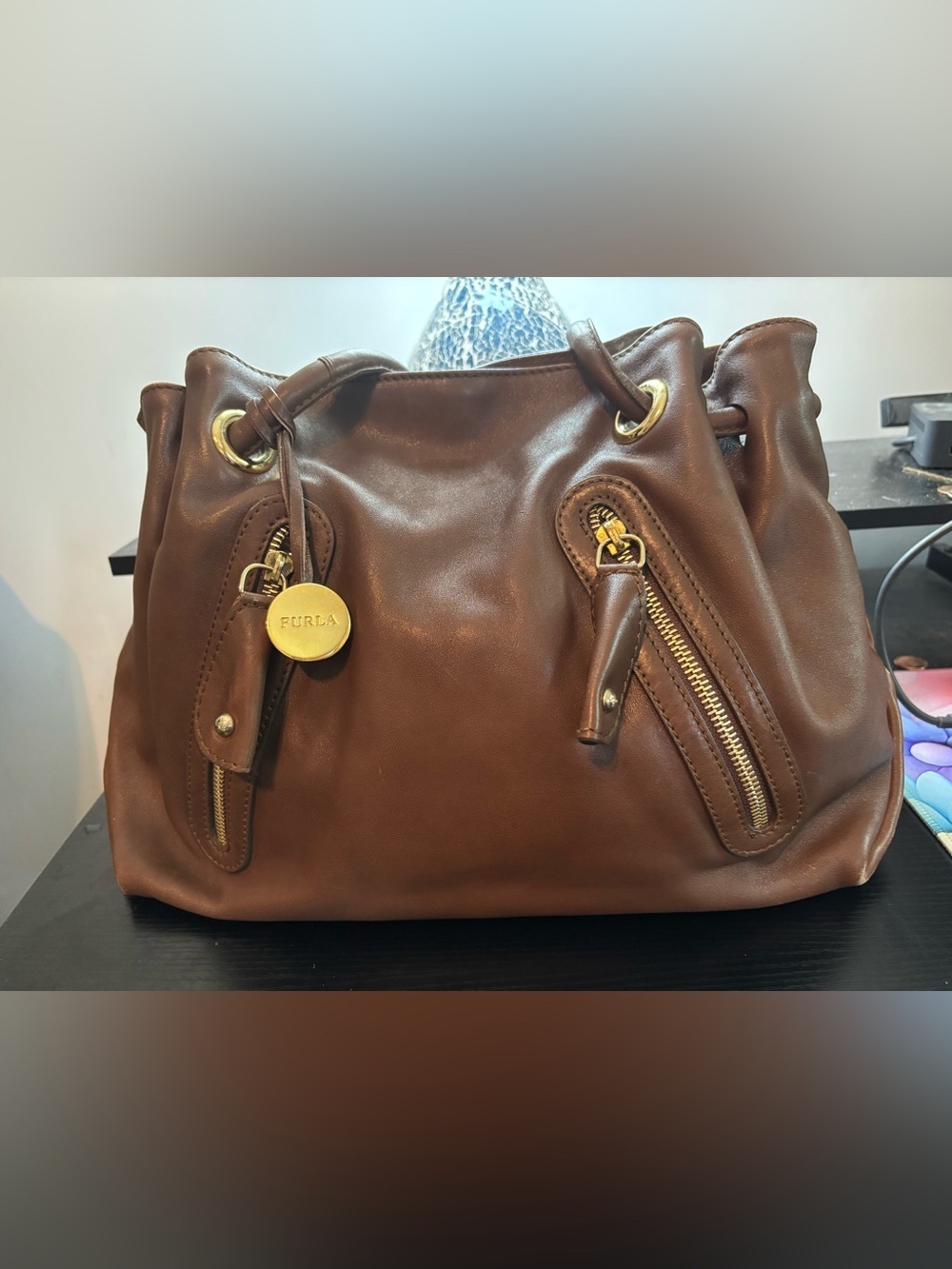 Furla Carmen Vintage Leather Shoulder Bag Tote – Rich Brown / Gold Hardware - Picture 2 of 15